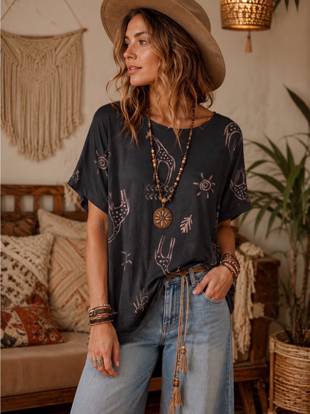 Liz Baker Black Top with Pale Tan Giraffe Print
